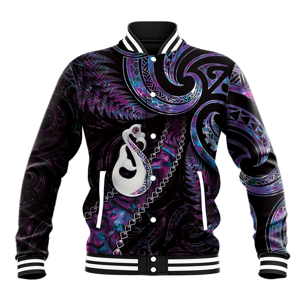 New Zealand Aotearoa Baseball Jacket Maori Manaia Paua Shell Glitter Purple LT05 Unisex Purple - Polynesian Pride