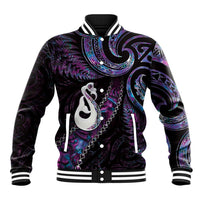 New Zealand Aotearoa Baseball Jacket Maori Manaia Paua Shell Glitter Purple LT05 Unisex Purple - Polynesian Pride