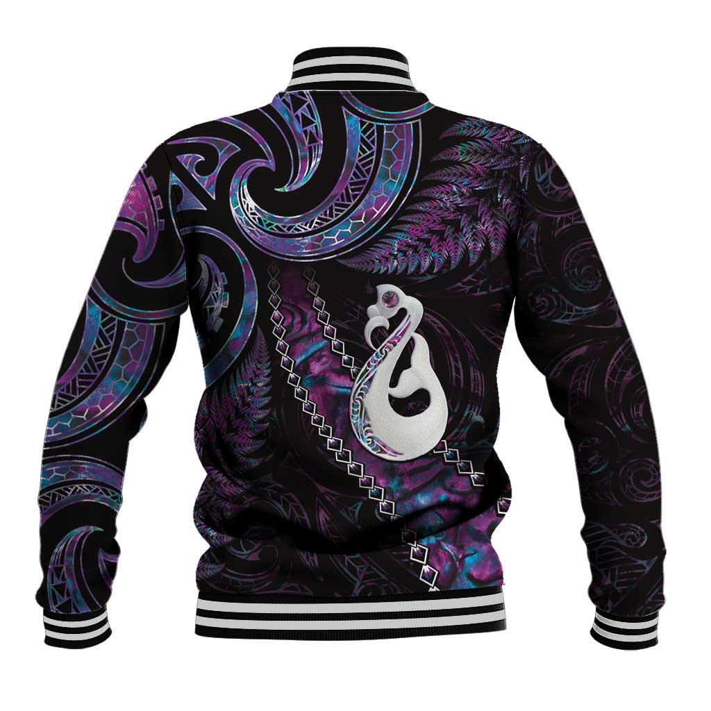 New Zealand Aotearoa Baseball Jacket Maori Manaia Paua Shell Glitter Purple LT05 - Polynesian Pride