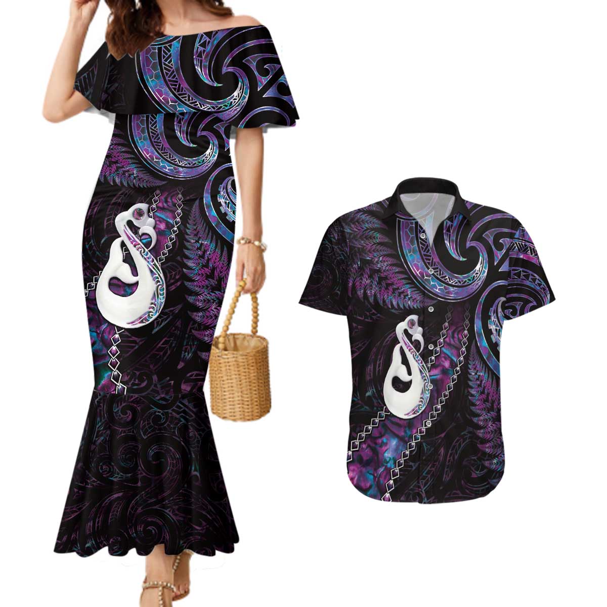 New Zealand Aotearoa Couples Matching Mermaid Dress and Hawaiian Shirt Maori Manaia Paua Shell Glitter Purple