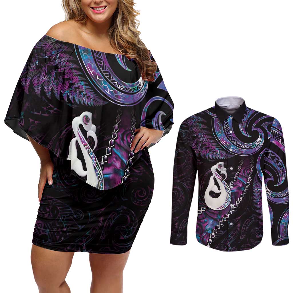 New Zealand Aotearoa Couples Matching Off Shoulder Short Dress and Long Sleeve Button Shirt Maori Manaia Paua Shell Glitter Purple