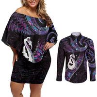 New Zealand Aotearoa Couples Matching Off Shoulder Short Dress and Long Sleeve Button Shirt Maori Manaia Paua Shell Glitter Purple