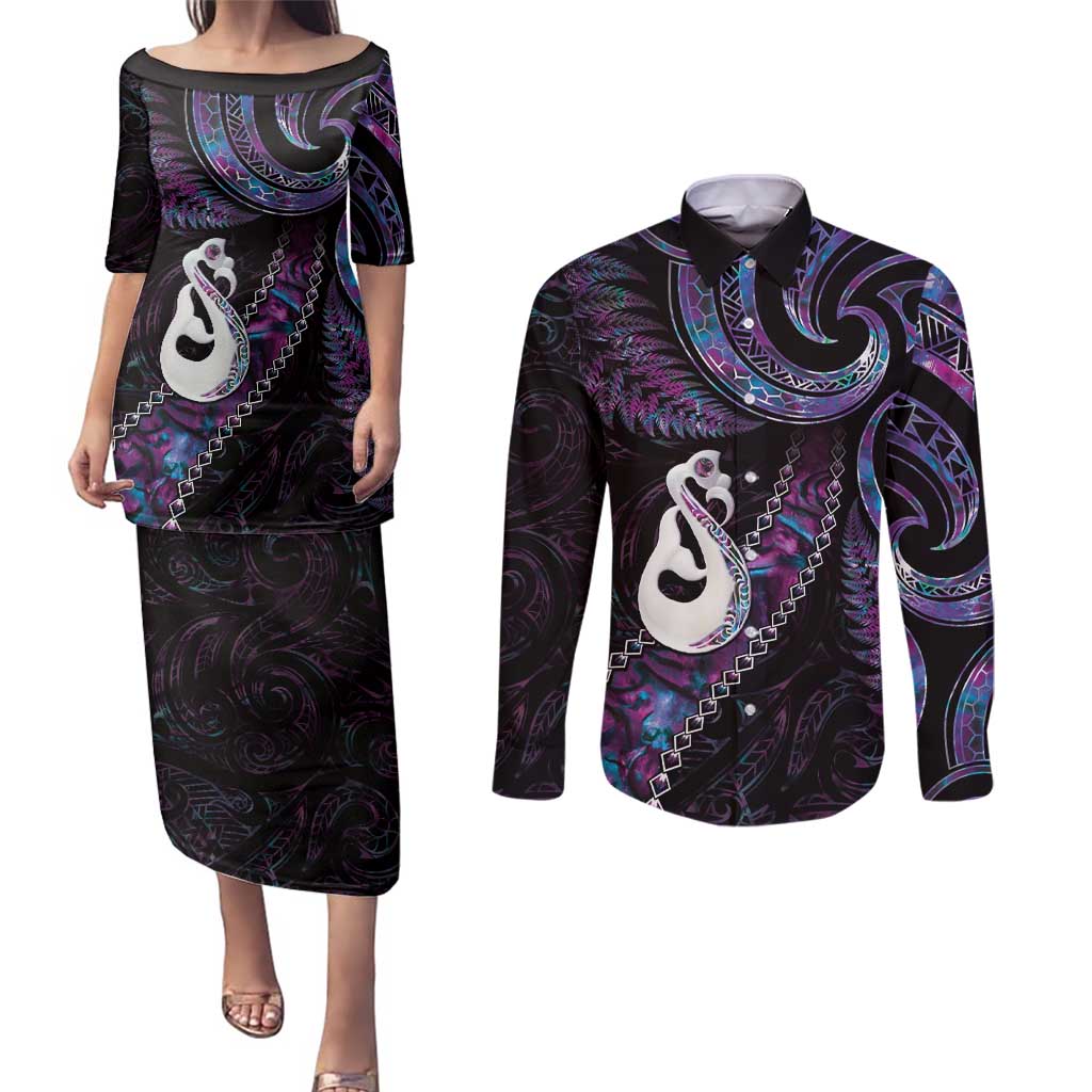 New Zealand Aotearoa Couples Matching Puletasi and Long Sleeve Button Shirt Maori Manaia Paua Shell Glitter Purple