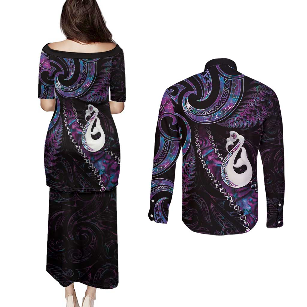 New Zealand Aotearoa Couples Matching Puletasi and Long Sleeve Button Shirt Maori Manaia Paua Shell Glitter Purple