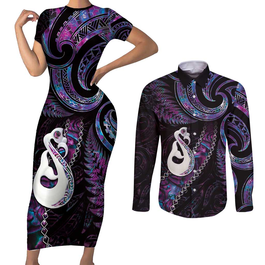 New Zealand Aotearoa Couples Matching Short Sleeve Bodycon Dress and Long Sleeve Button Shirt Maori Manaia Paua Shell Glitter Purple
