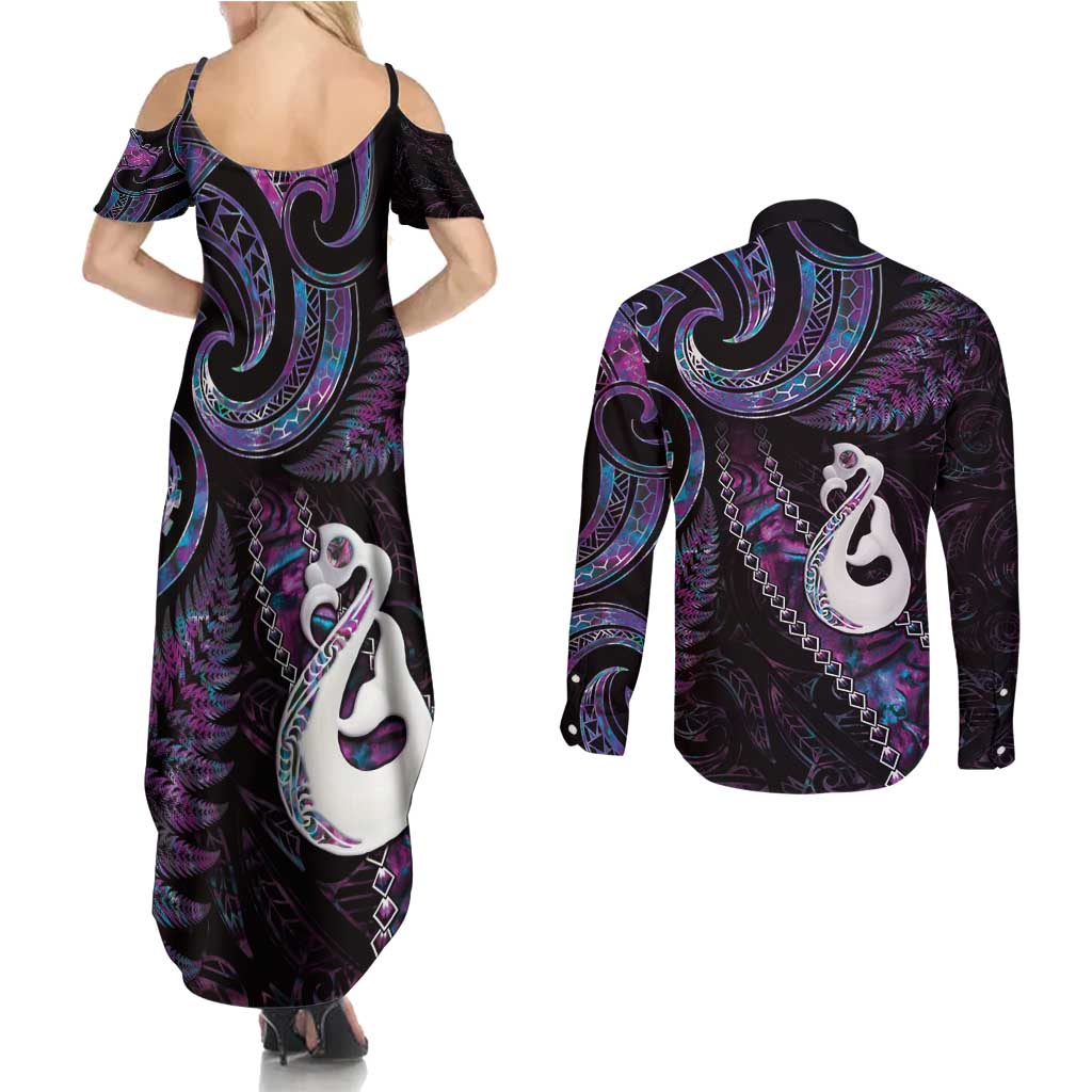 New Zealand Aotearoa Couples Matching Summer Maxi Dress and Long Sleeve Button Shirt Maori Manaia Paua Shell Glitter Purple