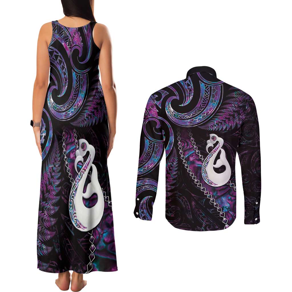 New Zealand Aotearoa Couples Matching Tank Maxi Dress and Long Sleeve Button Shirt Maori Manaia Paua Shell Glitter Purple