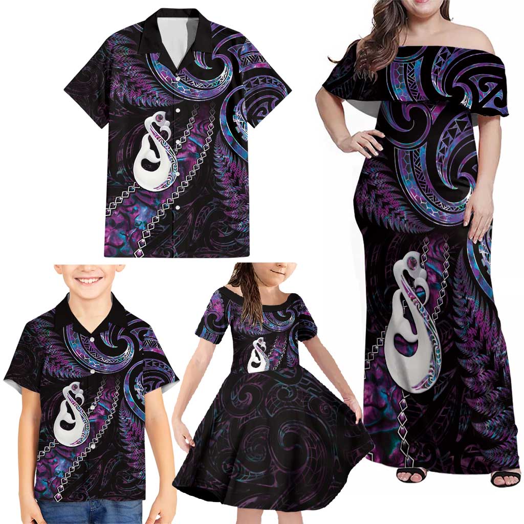 New Zealand Aotearoa Family Matching Off Shoulder Maxi Dress and Hawaiian Shirt Maori Manaia Paua Shell Glitter Purple LT05 - Polynesian Pride