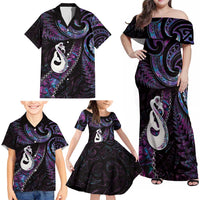 New Zealand Aotearoa Family Matching Off Shoulder Maxi Dress and Hawaiian Shirt Maori Manaia Paua Shell Glitter Purple LT05 - Polynesian Pride
