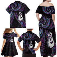 New Zealand Aotearoa Family Matching Off Shoulder Maxi Dress and Hawaiian Shirt Maori Manaia Paua Shell Glitter Purple LT05 - Polynesian Pride