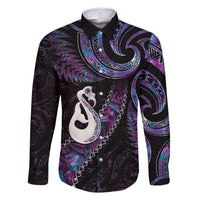 New Zealand Aotearoa Family Matching Off Shoulder Maxi Dress and Hawaiian Shirt Maori Manaia Paua Shell Glitter Purple LT05 Dad's Shirt - Long Sleeve Purple - Polynesian Pride
