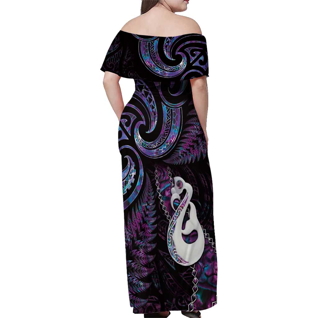 New Zealand Aotearoa Family Matching Off Shoulder Maxi Dress and Hawaiian Shirt Maori Manaia Paua Shell Glitter Purple LT05 - Polynesian Pride