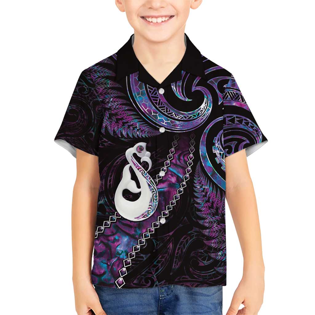 New Zealand Aotearoa Family Matching Off Shoulder Maxi Dress and Hawaiian Shirt Maori Manaia Paua Shell Glitter Purple LT05 Son's Shirt Purple - Polynesian Pride