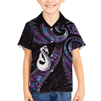 New Zealand Aotearoa Family Matching Off Shoulder Maxi Dress and Hawaiian Shirt Maori Manaia Paua Shell Glitter Purple LT05 Son's Shirt Purple - Polynesian Pride