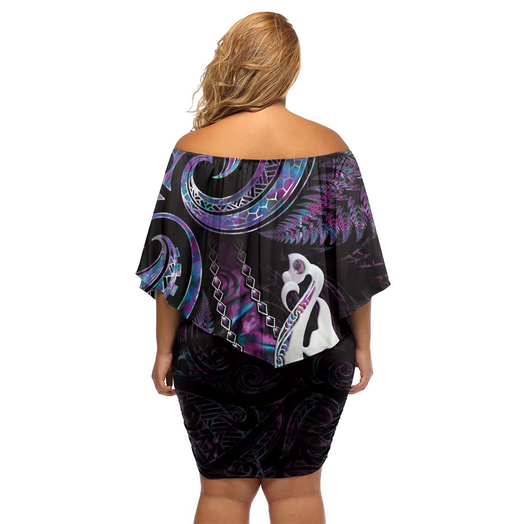 New Zealand Aotearoa Family Matching Off Shoulder Short Dress and Hawaiian Shirt Maori Manaia Paua Shell Glitter Purple LT05 - Polynesian Pride