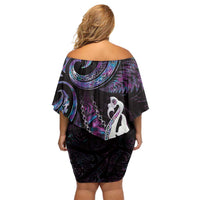 New Zealand Aotearoa Family Matching Off Shoulder Short Dress and Hawaiian Shirt Maori Manaia Paua Shell Glitter Purple LT05 - Polynesian Pride