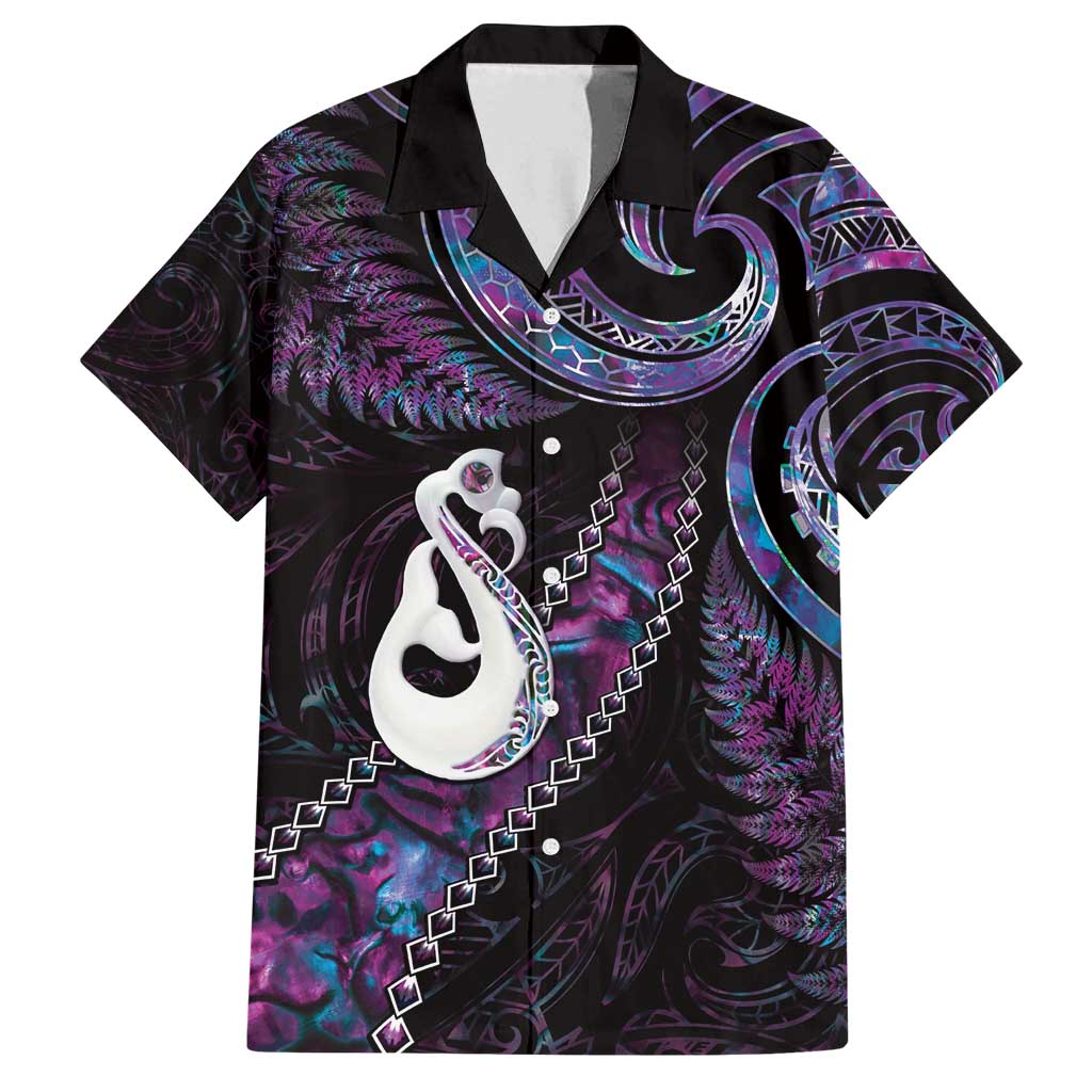 New Zealand Aotearoa Family Matching Puletasi and Hawaiian Shirt Maori Manaia Paua Shell Glitter Purple LT05 Dad's Shirt - Short Sleeve Purple - Polynesian Pride