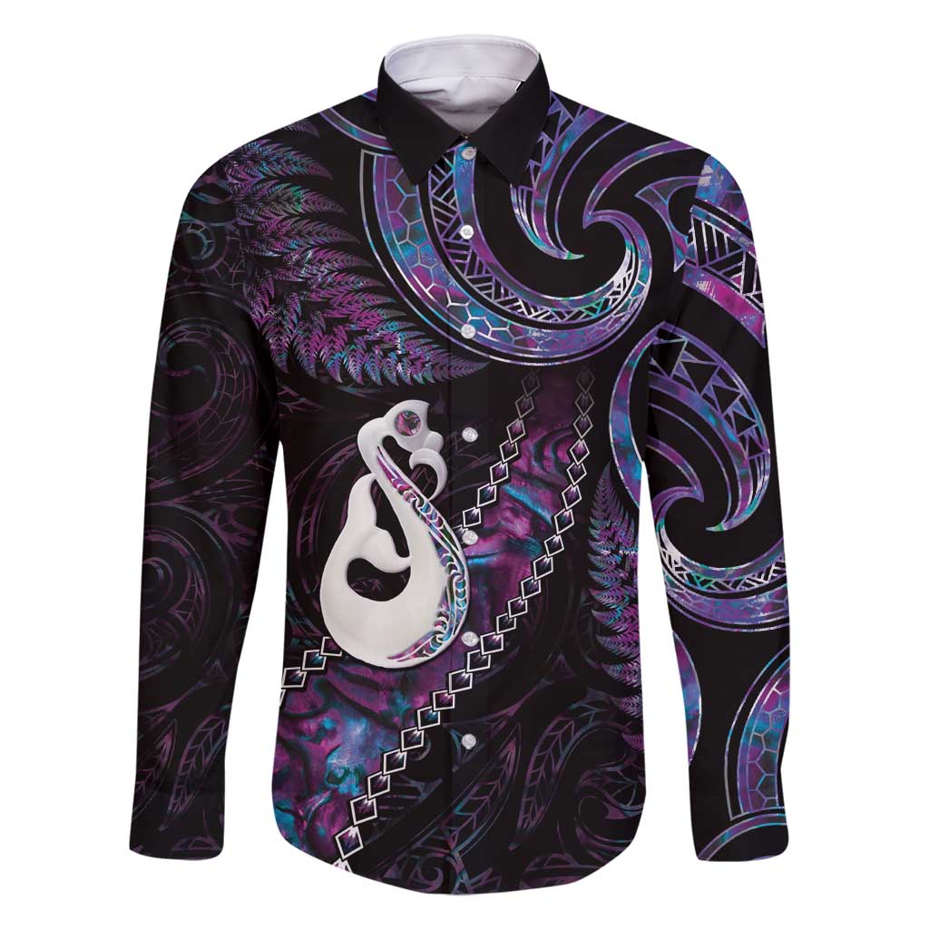 New Zealand Aotearoa Family Matching Summer Maxi Dress and Hawaiian Shirt Maori Manaia Paua Shell Glitter Purple LT05 Dad's Shirt - Long Sleeve Purple - Polynesian Pride