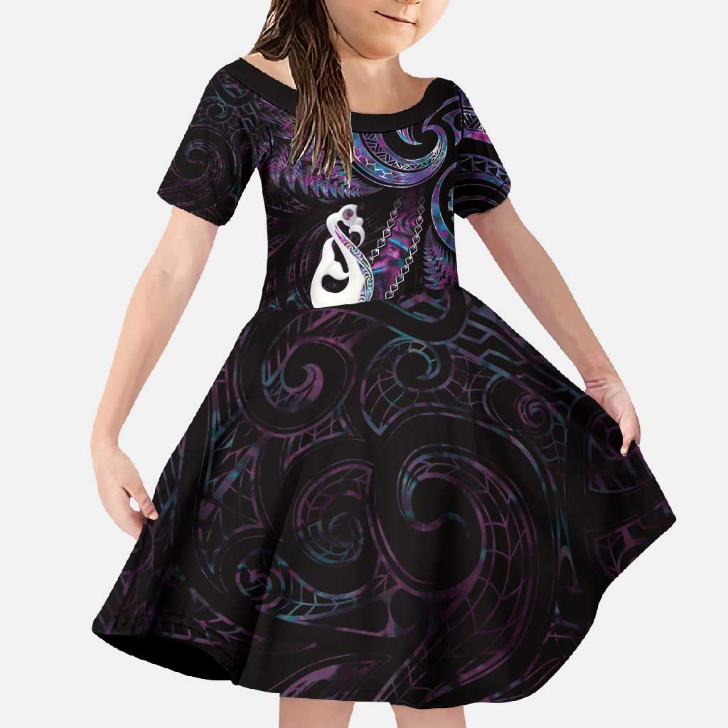 New Zealand Aotearoa Family Matching Tank Maxi Dress and Hawaiian Shirt Maori Manaia Paua Shell Glitter Purple LT05 Daughter's Dress Purple - Polynesian Pride