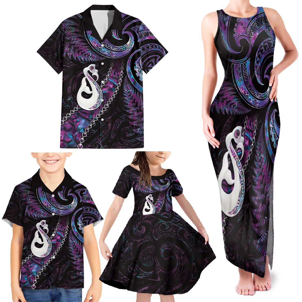 New Zealand Aotearoa Family Matching Tank Maxi Dress and Hawaiian Shirt Maori Manaia Paua Shell Glitter Purple LT05 - Polynesian Pride