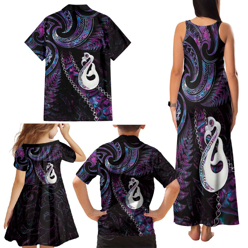 New Zealand Aotearoa Family Matching Tank Maxi Dress and Hawaiian Shirt Maori Manaia Paua Shell Glitter Purple LT05 - Polynesian Pride