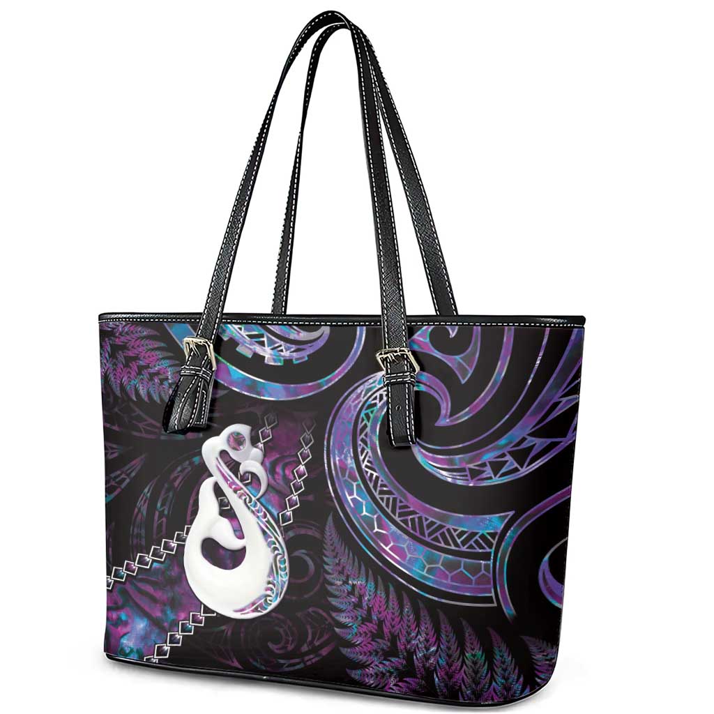 New Zealand Aotearoa Leather Tote Bag Maori Manaia Paua Shell Glitter Purple