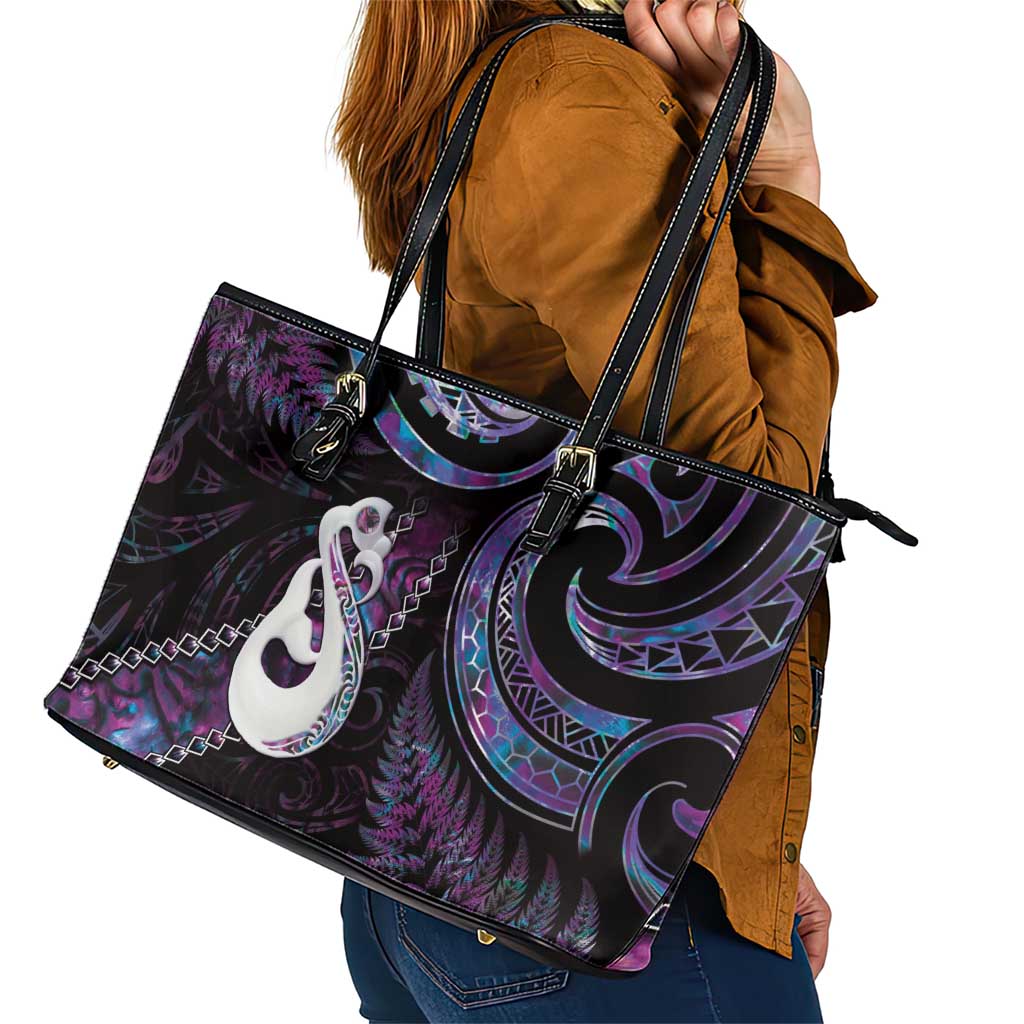 New Zealand Aotearoa Leather Tote Bag Maori Manaia Paua Shell Glitter Purple