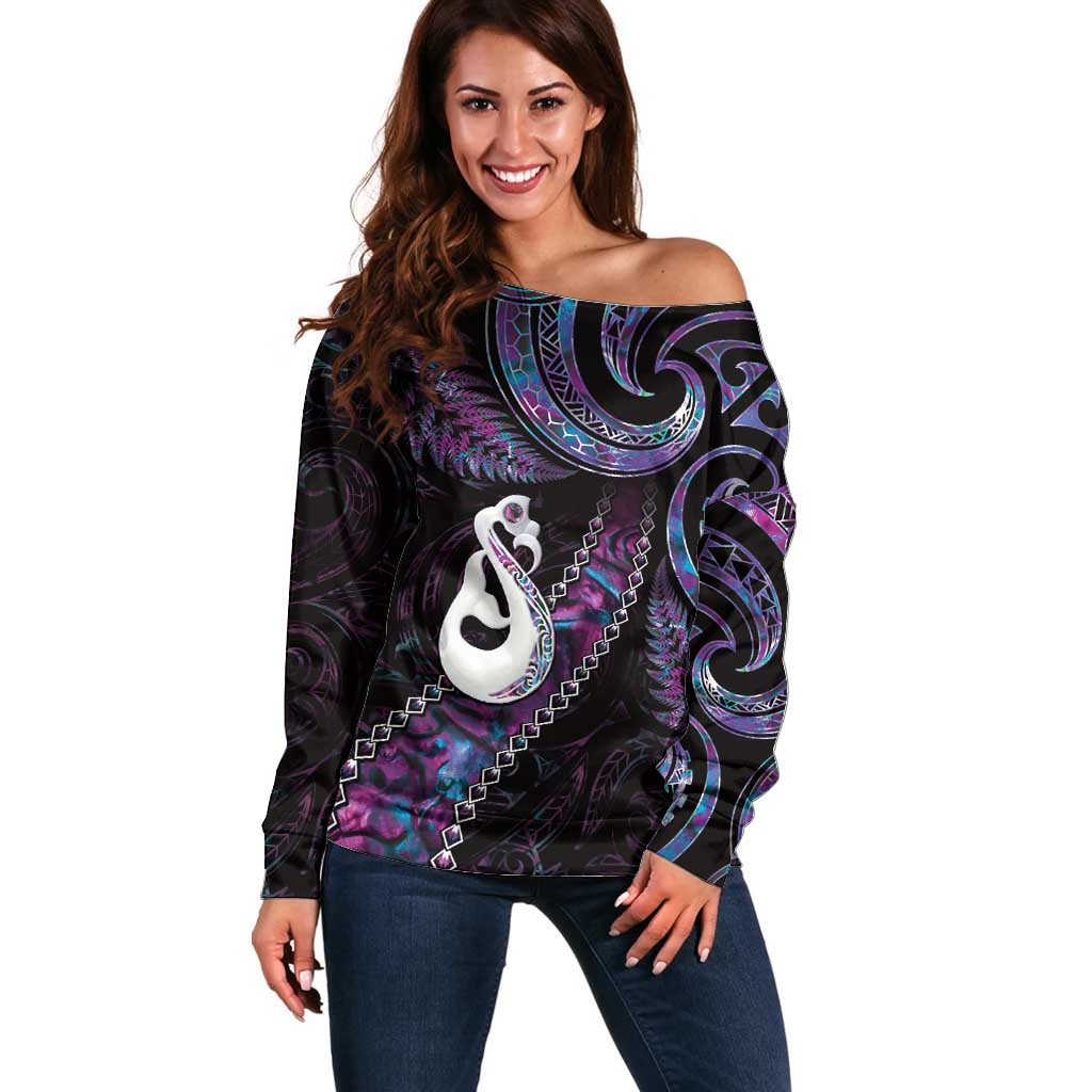 New Zealand Aotearoa Off Shoulder Sweater Maori Manaia Paua Shell Glitter Purple