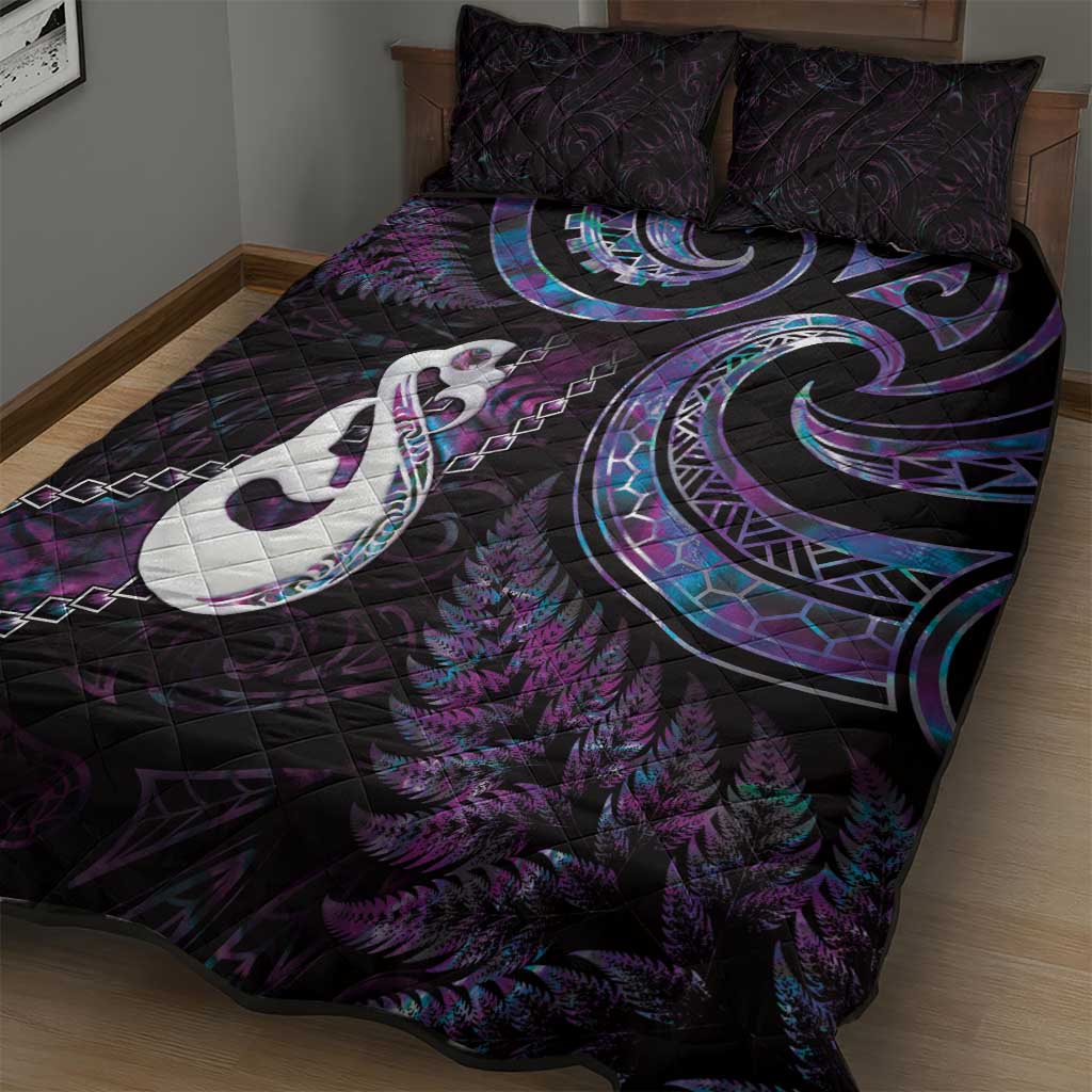 New Zealand Aotearoa Quilt Bed Set Maori Manaia Paua Shell Glitter Purple