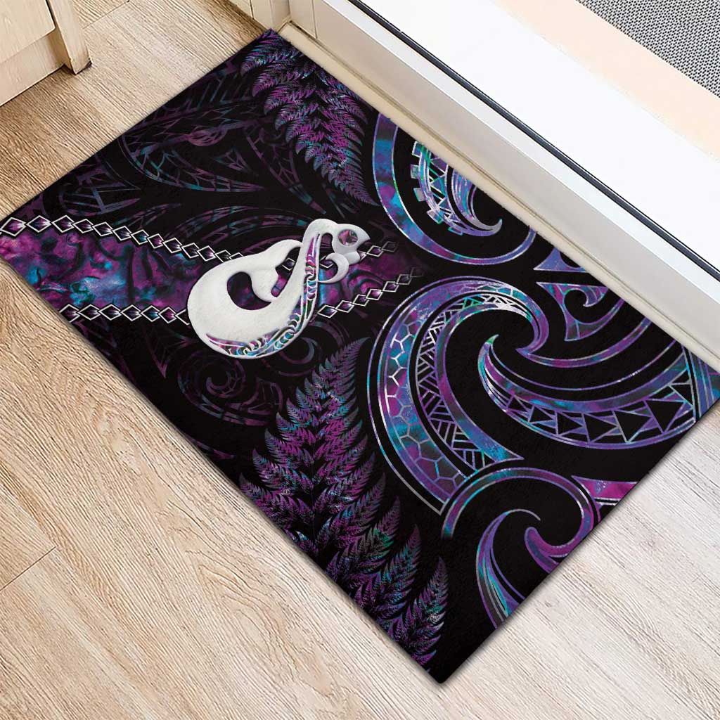New Zealand Aotearoa Rubber Doormat Maori Manaia Paua Shell Glitter Purple