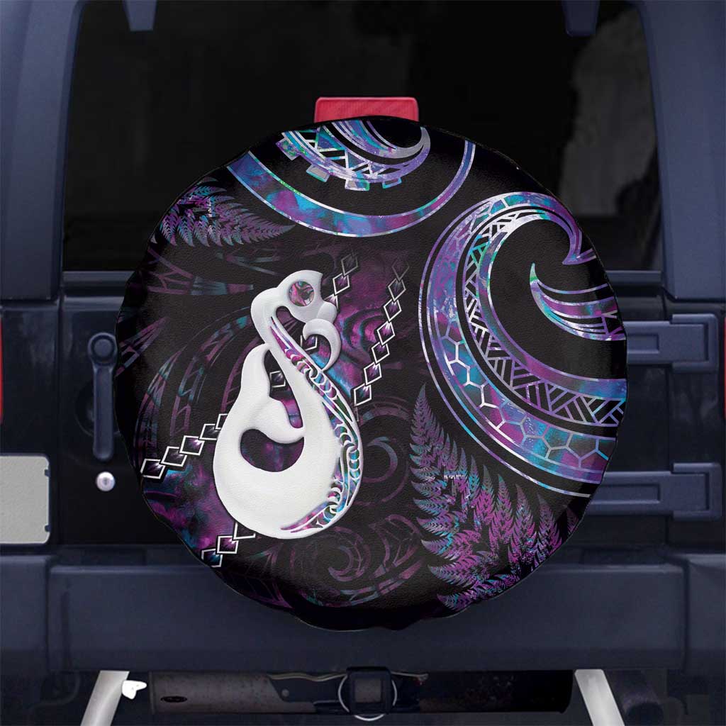 New Zealand Aotearoa Spare Tire Cover Maori Manaia Paua Shell Glitter Purple