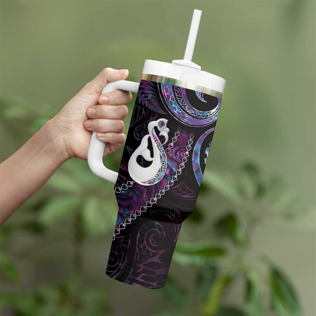 New Zealand Aotearoa Tumbler With Handle Maori Manaia Paua Shell Glitter Purple LT05 - Polynesian Pride