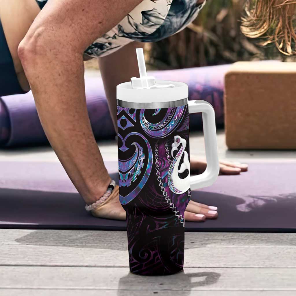 New Zealand Aotearoa Tumbler With Handle Maori Manaia Paua Shell Glitter Purple LT05 - Polynesian Pride