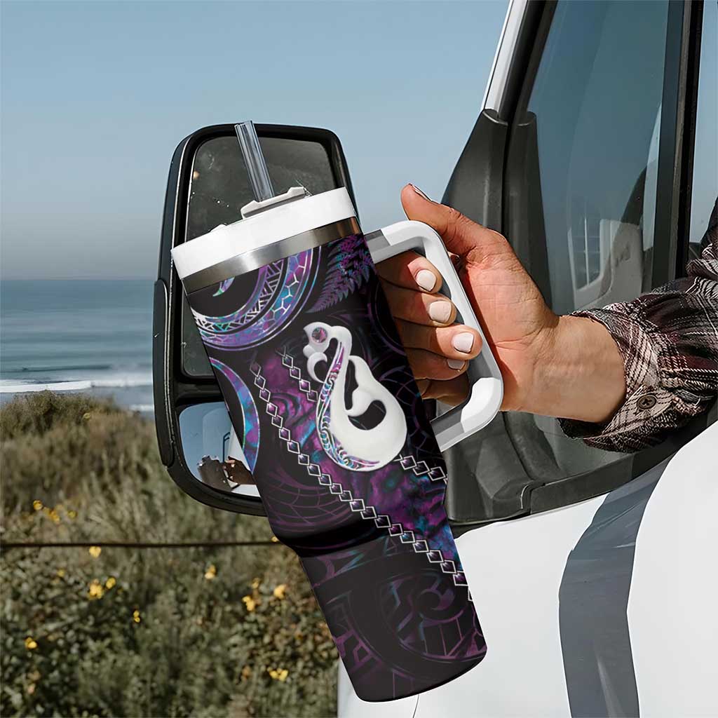 New Zealand Aotearoa Tumbler With Handle Maori Manaia Paua Shell Glitter Purple LT05 - Polynesian Pride