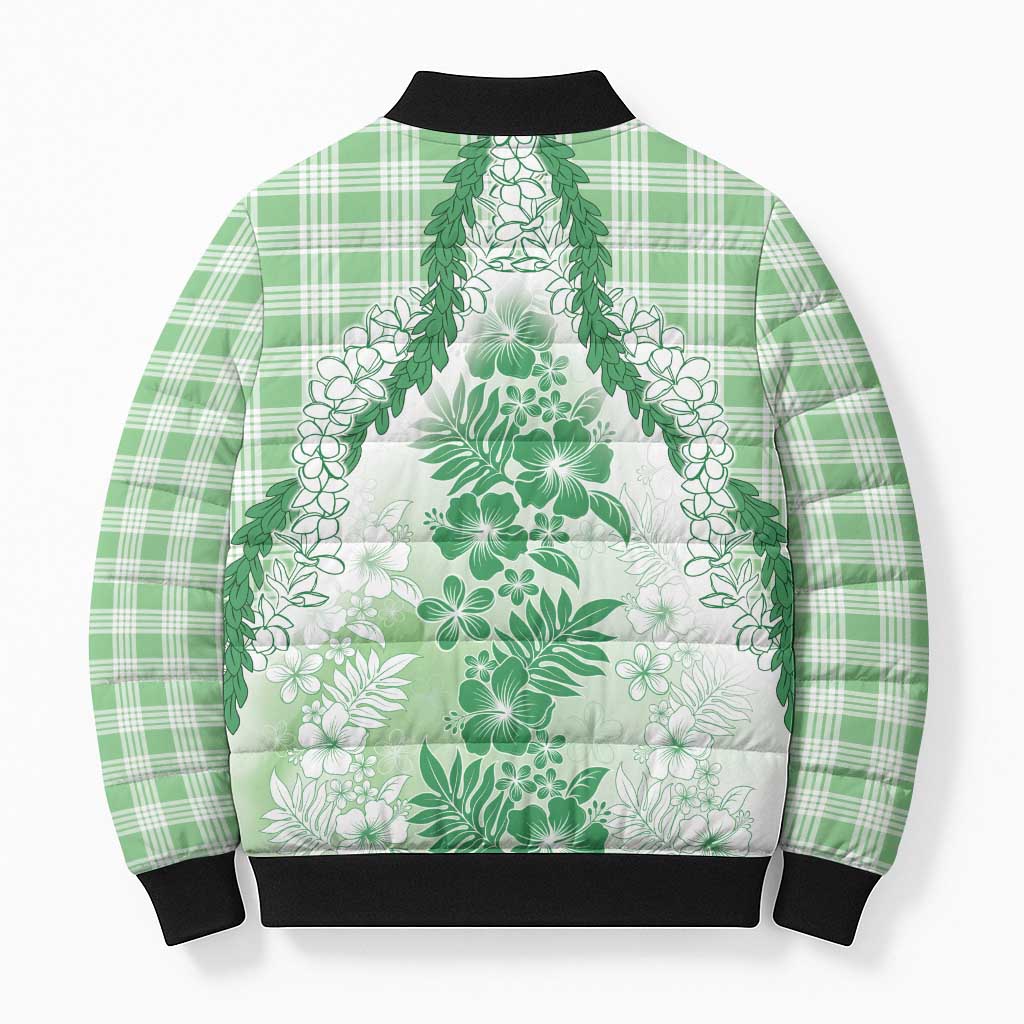 Aloha Hawaii Palaka Bomber Puffer Jacket Green Plumeria Lei - Polynesian Pride