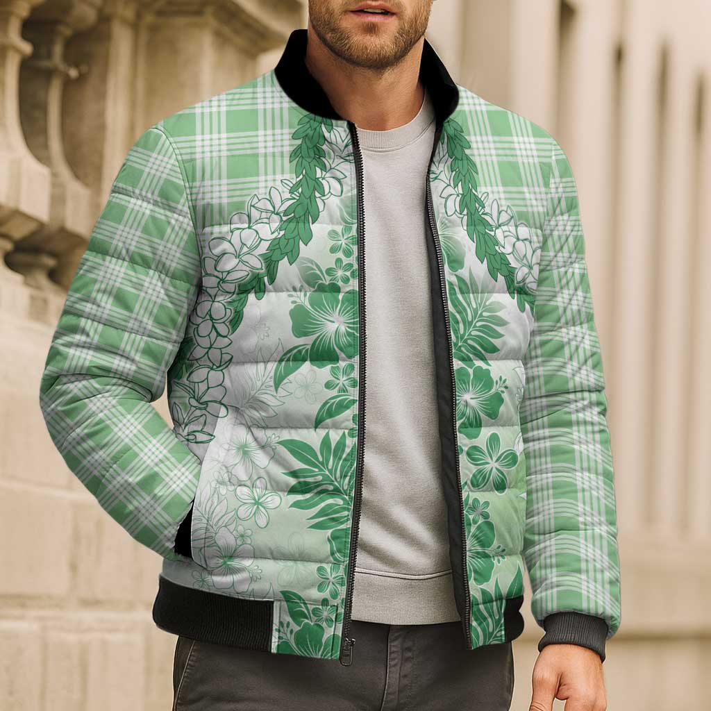 Aloha Hawaii Palaka Bomber Puffer Jacket Green Plumeria Lei - Polynesian Pride