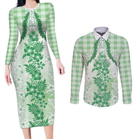 Aloha Hawaii Palaka Couples Matching Long Sleeve Bodycon Dress and Long Sleeve Button Shirt Green Plumeria Lei - Polynesian Pride