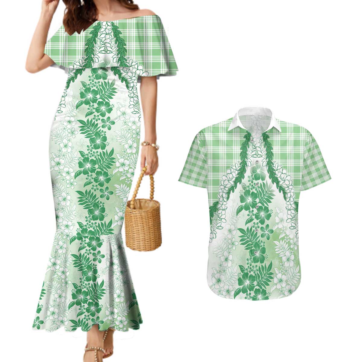Aloha Hawaii Palaka Couples Matching Mermaid Dress and Hawaiian Shirt Green Plumeria Lei - Polynesian Pride