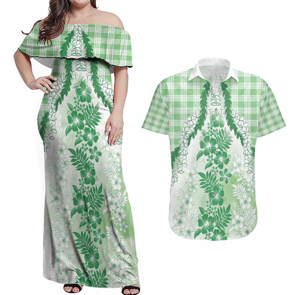 Aloha Hawaii Palaka Couples Matching Off Shoulder Maxi Dress and Hawaiian Shirt Green Plumeria Lei - Polynesian Pride