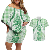 Aloha Hawaii Palaka Couples Matching Off Shoulder Short Dress and Hawaiian Shirt Green Plumeria Lei - Polynesian Pride