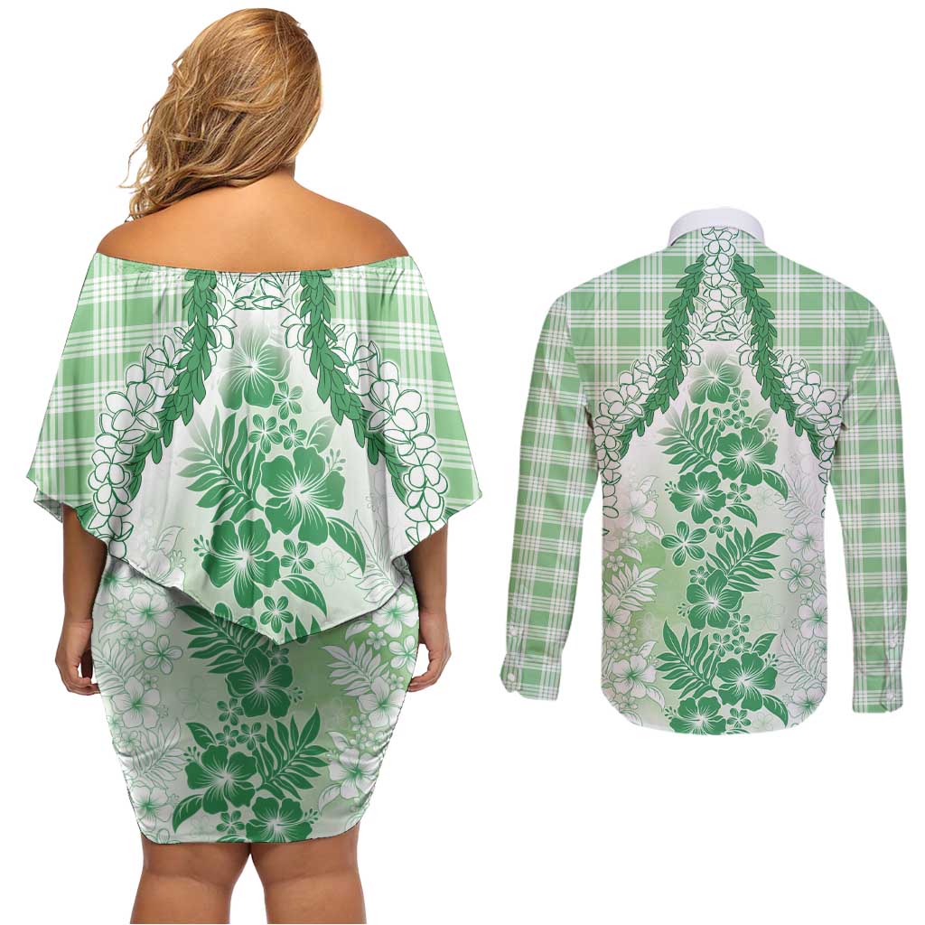Aloha Hawaii Palaka Couples Matching Off Shoulder Short Dress and Long Sleeve Button Shirt Green Plumeria Lei - Polynesian Pride