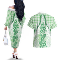 Aloha Hawaii Palaka Couples Matching Off The Shoulder Long Sleeve Dress and Hawaiian Shirt Green Plumeria Lei - Polynesian Pride