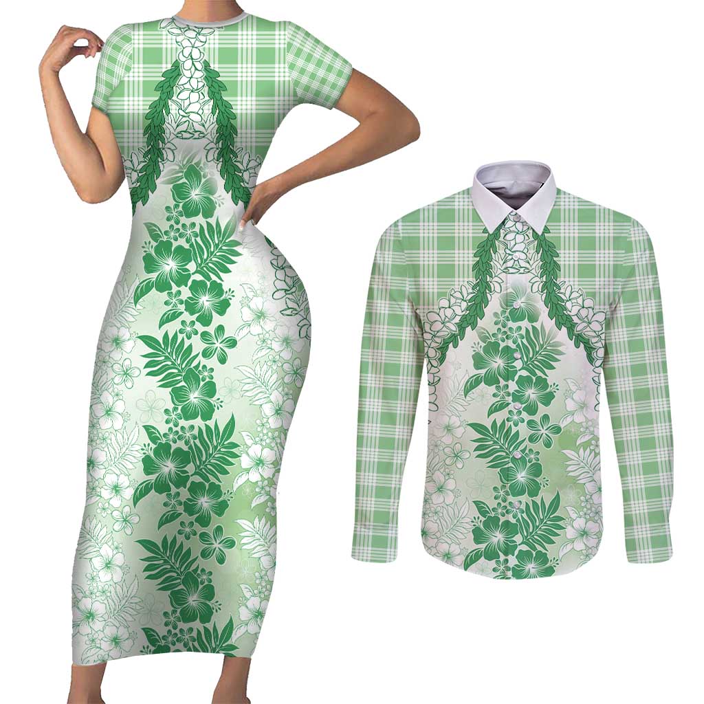 Aloha Hawaii Palaka Couples Matching Short Sleeve Bodycon Dress and Long Sleeve Button Shirt Green Plumeria Lei - Polynesian Pride