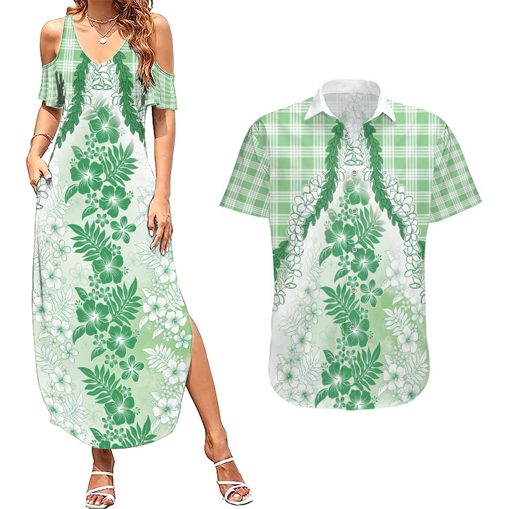 Aloha Hawaii Palaka Couples Matching Summer Maxi Dress and Hawaiian Shirt Green Plumeria Lei - Polynesian Pride