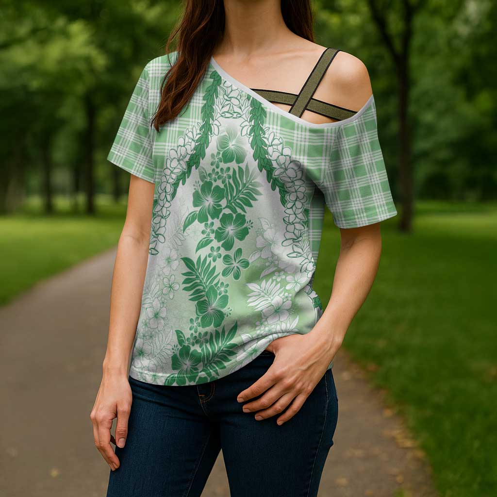 Aloha Hawaii Palaka Cross Shoulder Shirt Green Plumeria Lei - Polynesian Pride