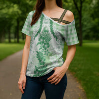 Aloha Hawaii Palaka Cross Shoulder Shirt Green Plumeria Lei - Polynesian Pride