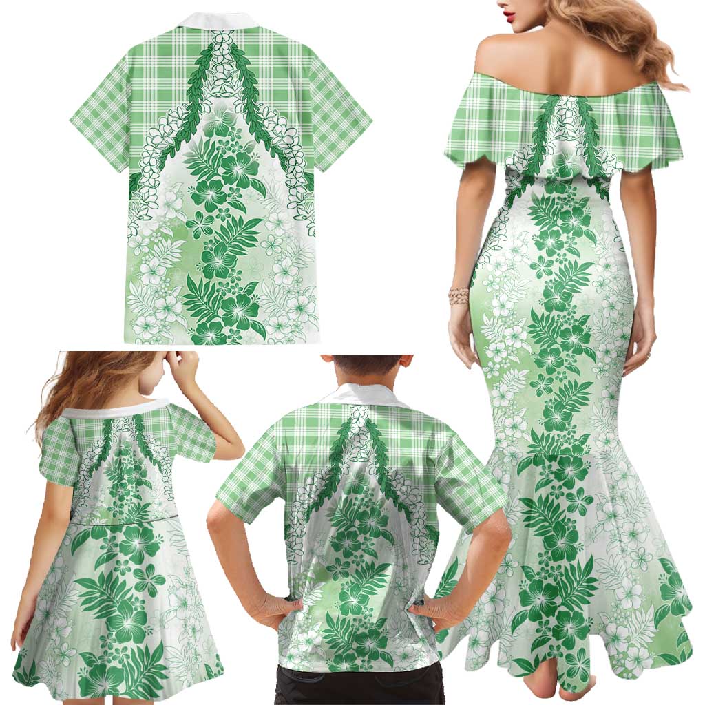 Aloha Hawaii Palaka Family Matching Mermaid Dress and Hawaiian Shirt Green Plumeria Lei - Polynesian Pride
