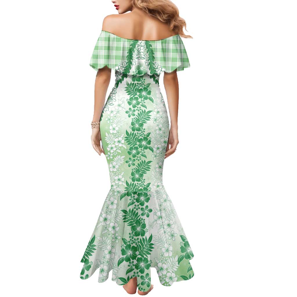 Aloha Hawaii Palaka Family Matching Mermaid Dress and Hawaiian Shirt Green Plumeria Lei - Polynesian Pride
