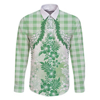 Aloha Hawaii Palaka Family Matching Off Shoulder Maxi Dress and Hawaiian Shirt Green Plumeria Lei - Polynesian Pride