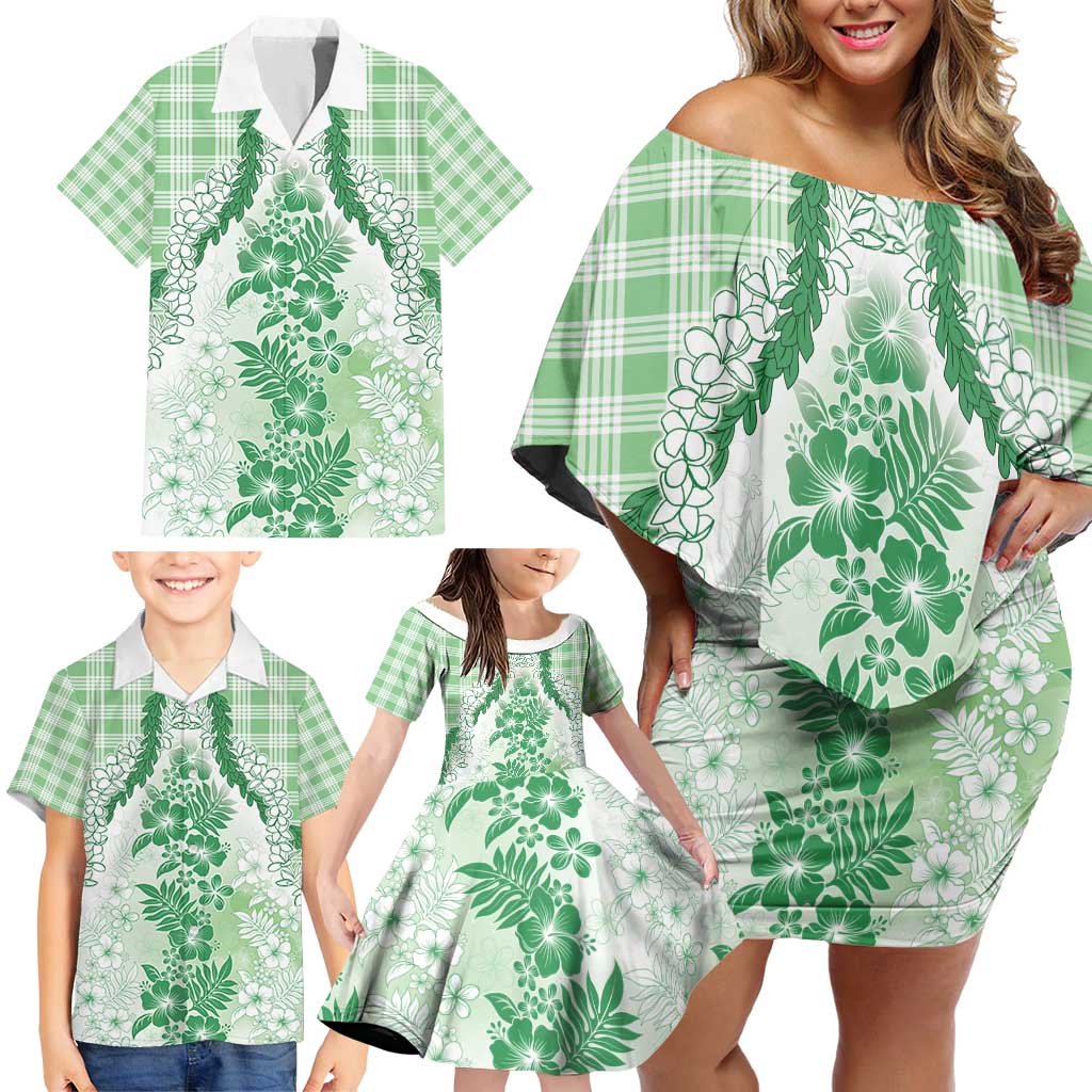 Aloha Hawaii Palaka Family Matching Off Shoulder Short Dress and Hawaiian Shirt Green Plumeria Lei - Polynesian Pride